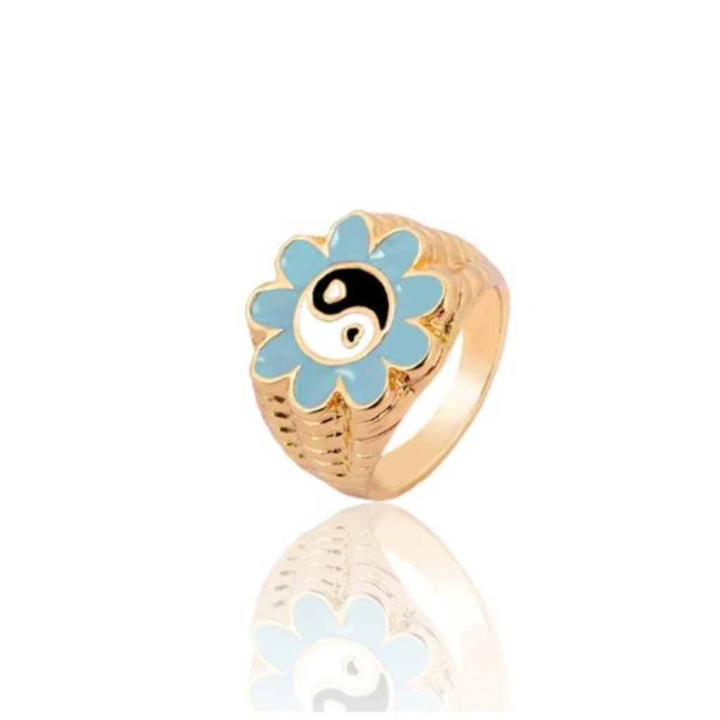 Large Blue Flower Yin Yang Gold Statement Ring
